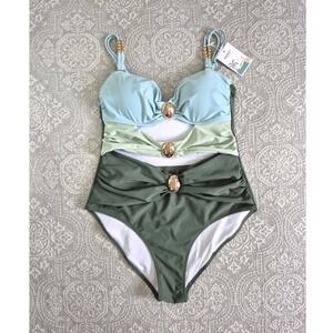 B2PRITY Women Colorblock Cutout One Piece Swimsuit Green Gold Accents Size L